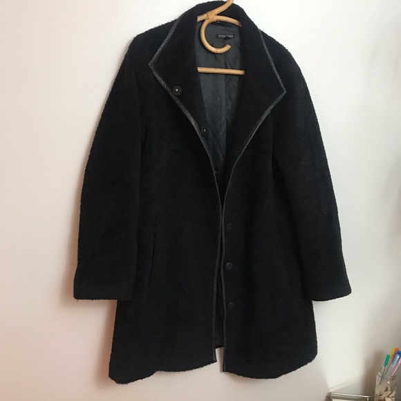 Eileen Fisher Black Alpaca Fur Coat Leather Trim Oversized Button